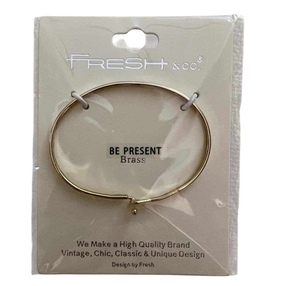 New Fresh & Co Gold Hook Bangle Bracelet  - “Be Present” Engraving